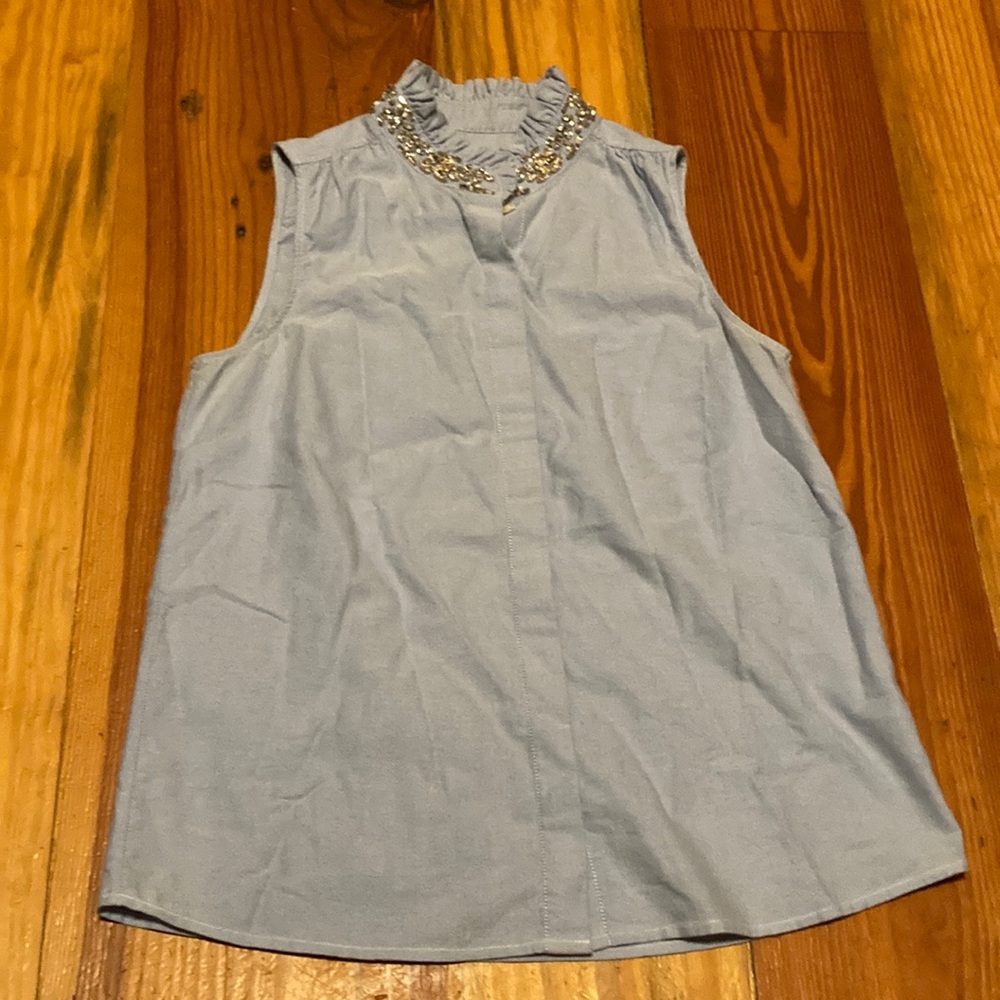 J.Crew blue sleeveless button down top with beading Sz 4   **Stained**